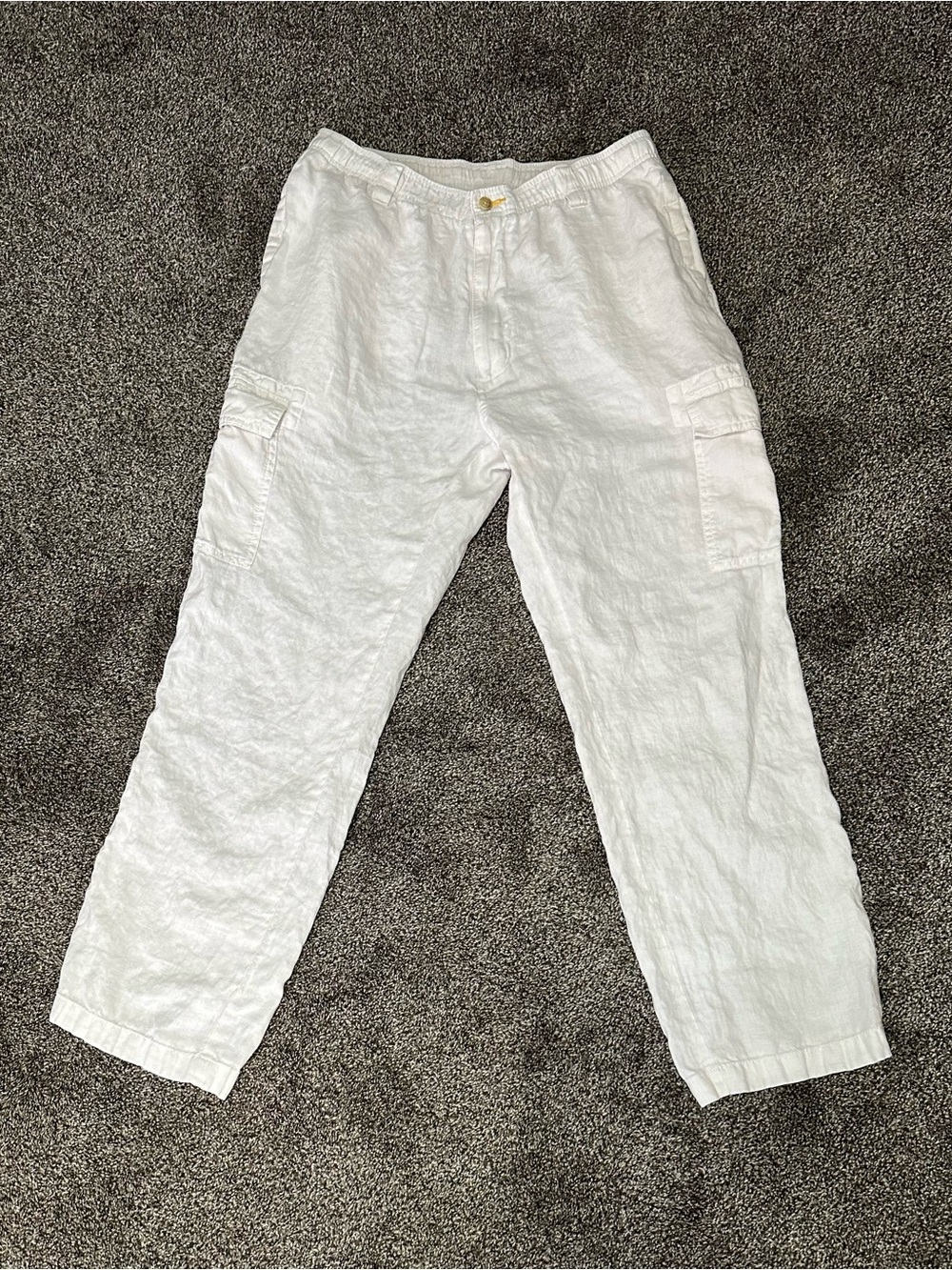Caribbean White 100% Linen Cargo Pants With Drawstring 34 X 30 Button / Zip Fly